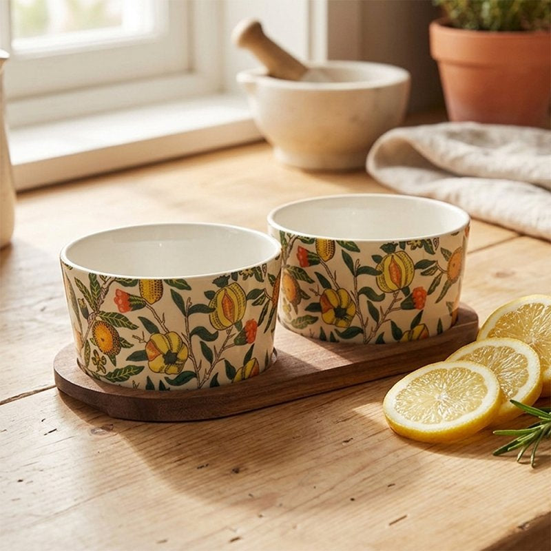 William Morris Fruits Snack Bowl Set with Wooden Tray