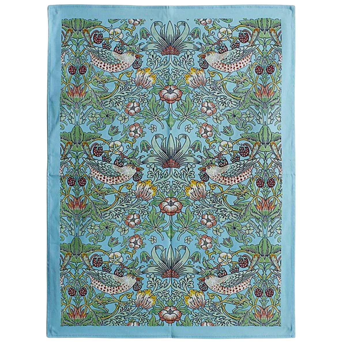 William Morris Strawberry Thief tea towel with birds and strawberries on a blue background