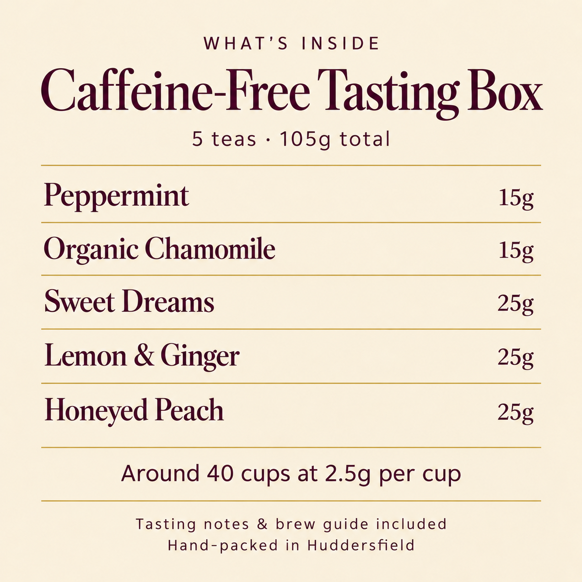 Caffeine-Free Tasting Box — contents and individual pouch weights, 105g total