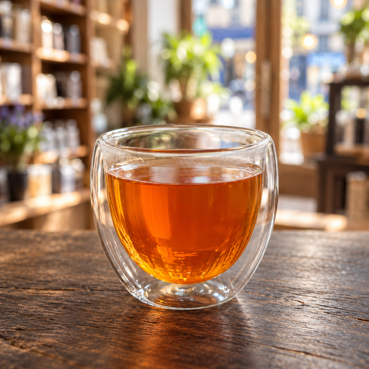 Brewed tea — Classic Earl Grey, served plain in a double-walled glass cup