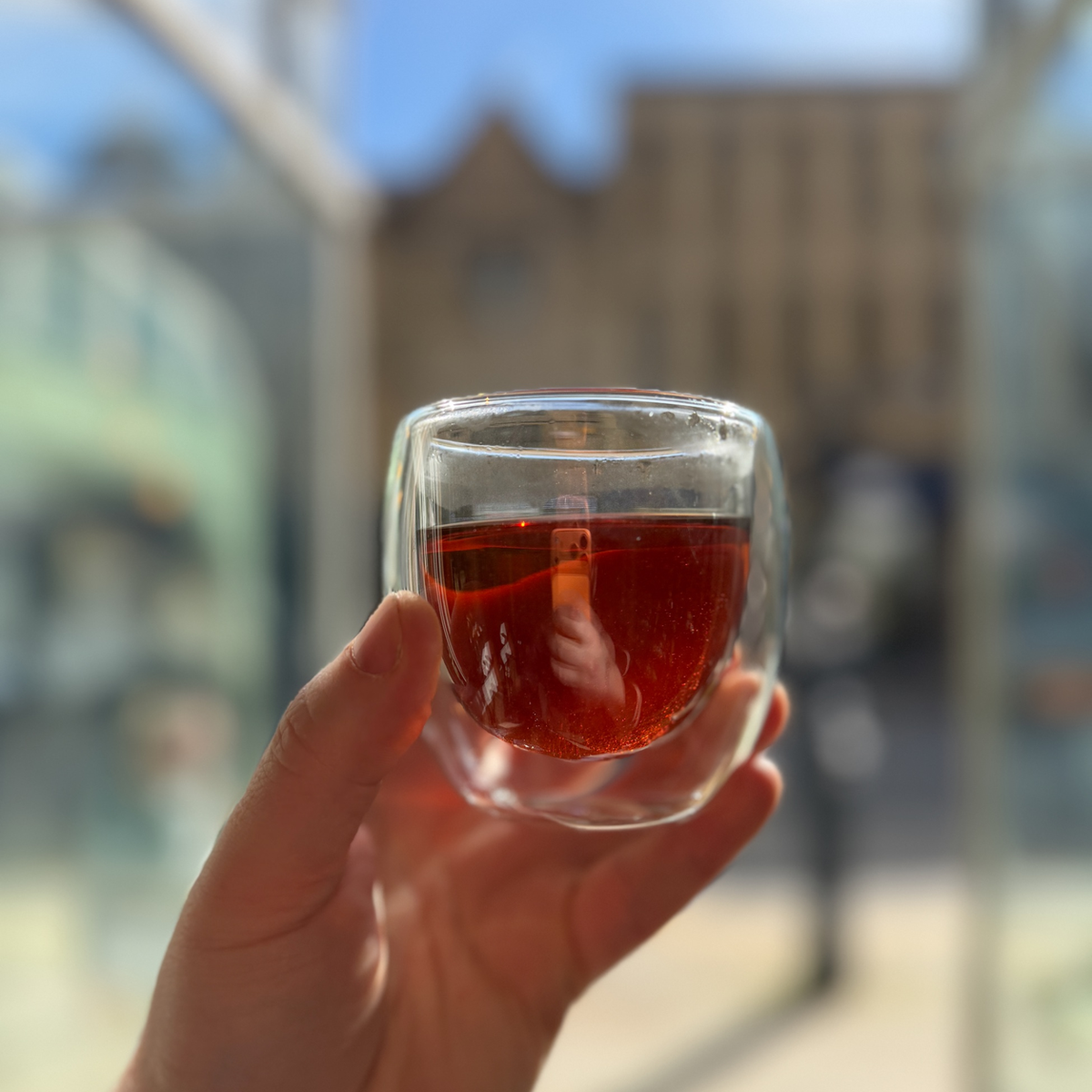 A glass of brewed tea photographed at Porter Hill in Huddersfield