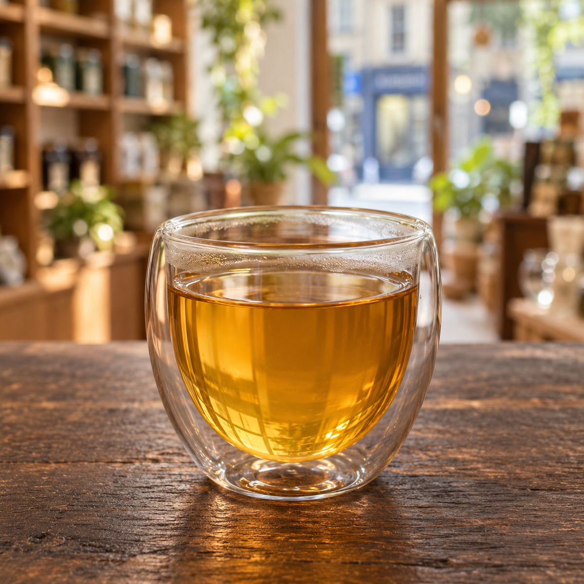 Brewed tea — Eucalyptus Tea, served plain in a double-walled glass cup