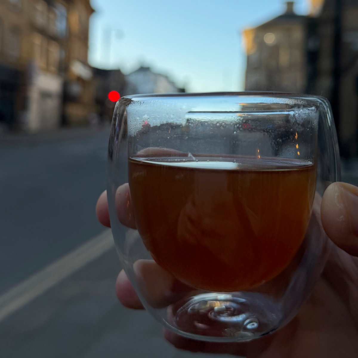 A glass of brewed tea photographed at Porter Hill in Huddersfield