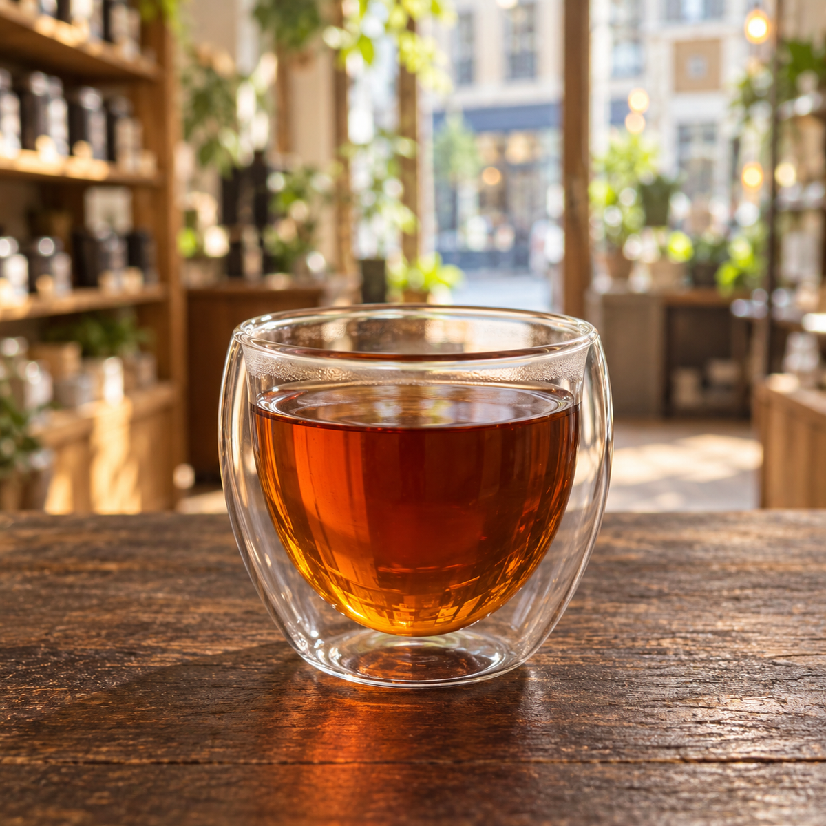 Brewed tea — Golden Heaven Yunnan, served plain in a double-walled glass cup