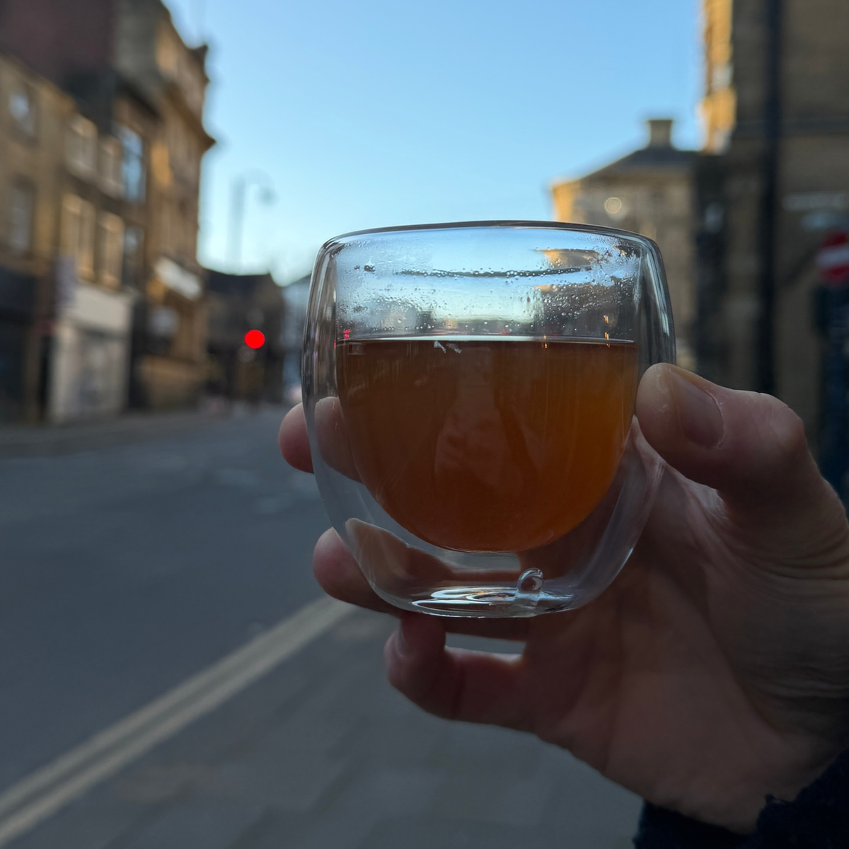 A glass of brewed tea photographed at Porter Hill in Huddersfield