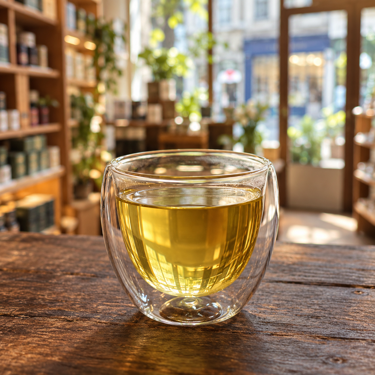 Brewed tea — Organic Dragonwell served plain in a double-wall glass