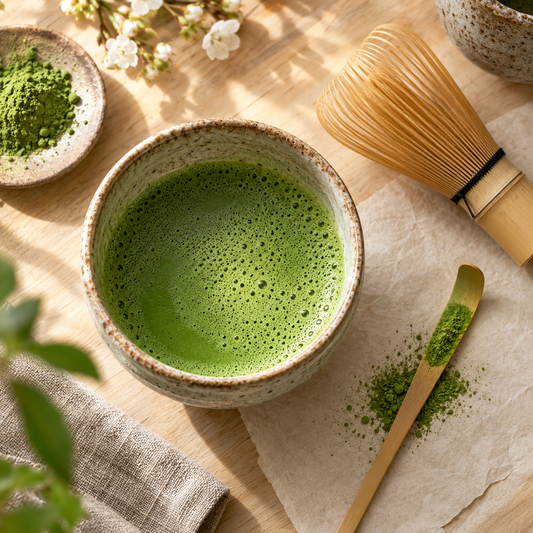 Prepared Izu Matcha in a bowl with bamboo whisk and scoop