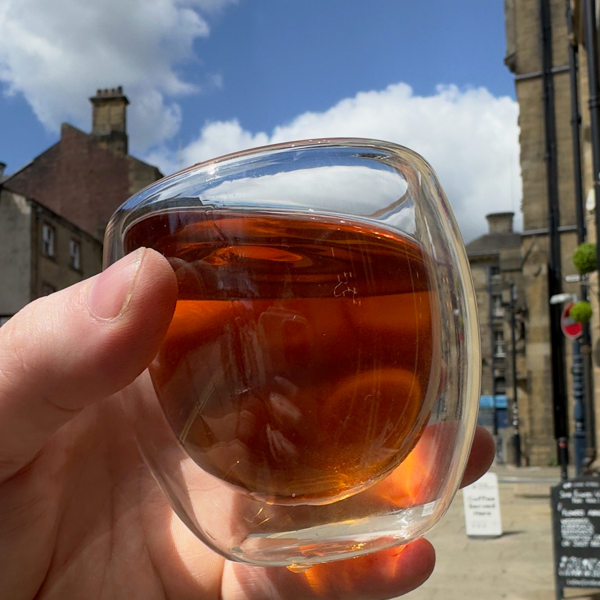A glass of brewed tea photographed at Porter Hill in Huddersfield