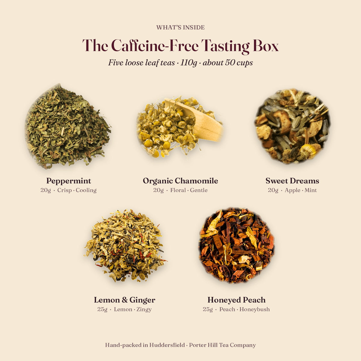 What's inside the Caffeine-Free Tasting Box, with tasting notes
