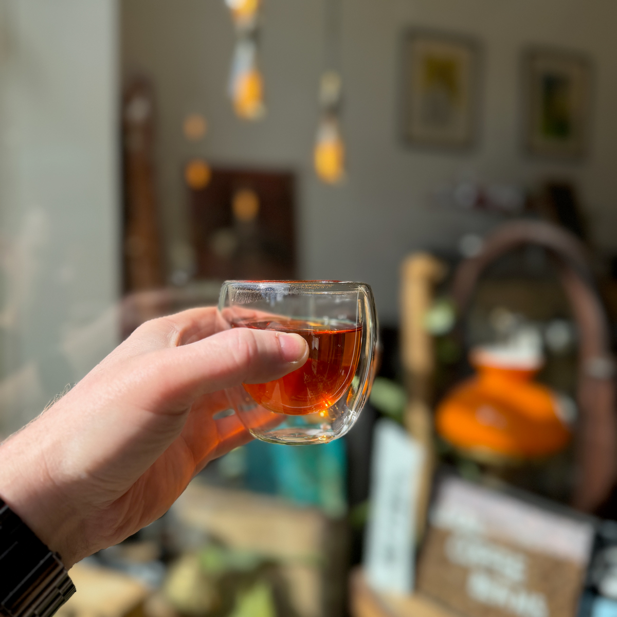 A glass of brewed tea photographed at Porter Hill in Huddersfield