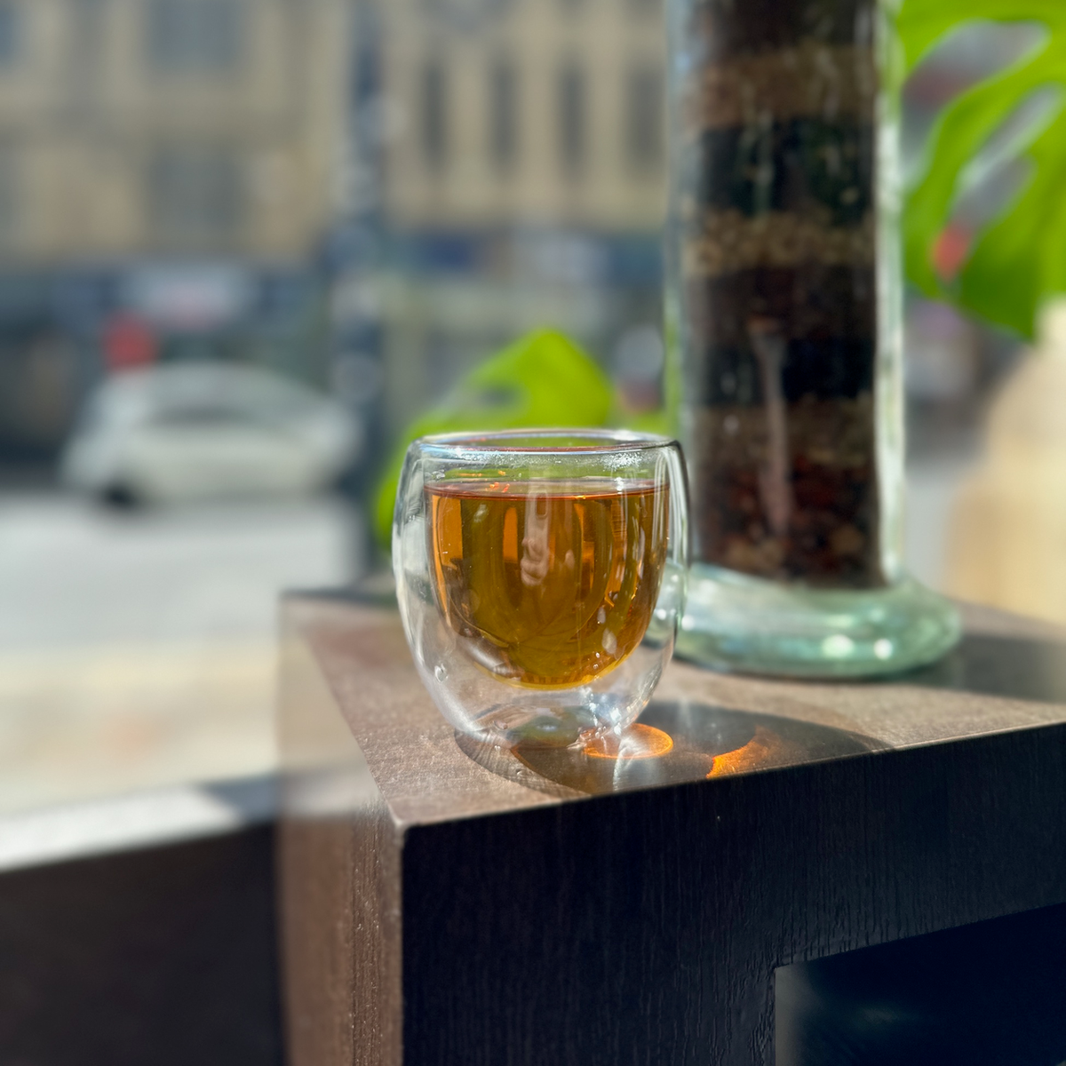 A glass of brewed tea photographed at Porter Hill in Huddersfield