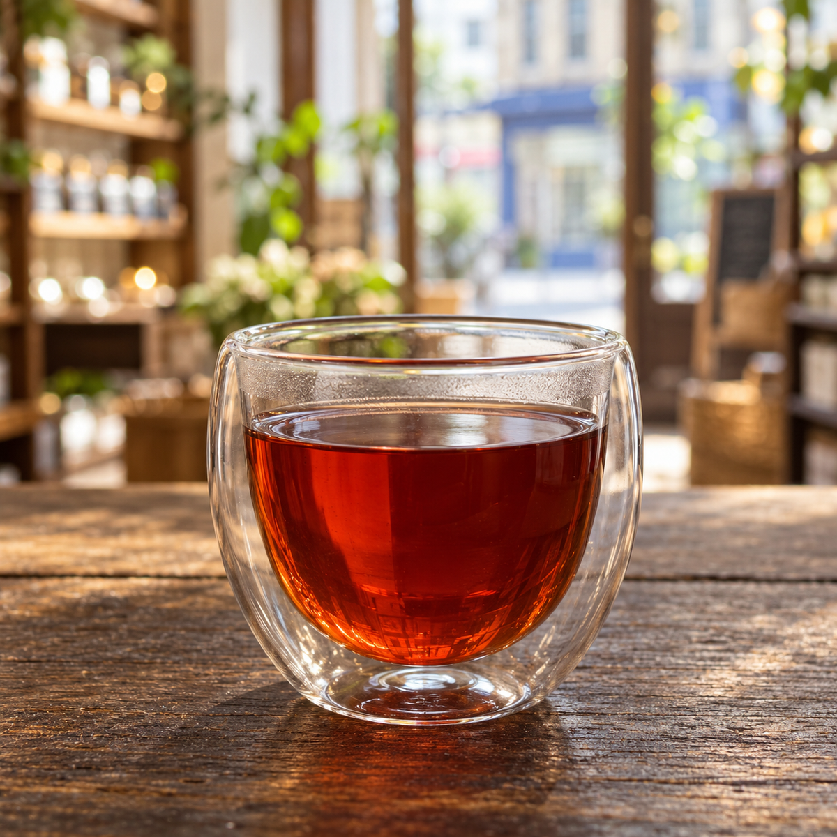 Brewed tea — Strawberry Chocolate, served plain in a double-walled glass cup
