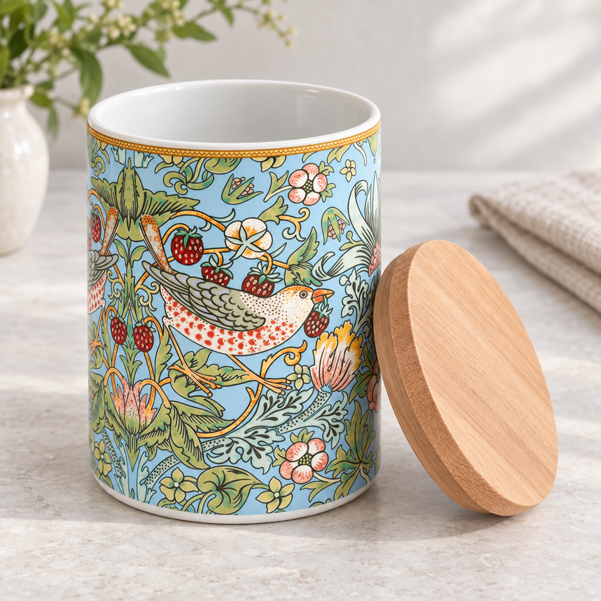 William Morris Strawberry Thief canister open with wooden lid beside it