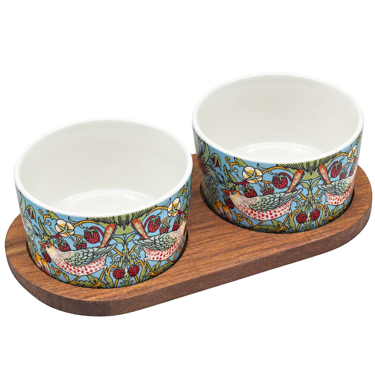 William Morris Strawberry Thief set of two ceramic snack bowls on a wooden serving tray