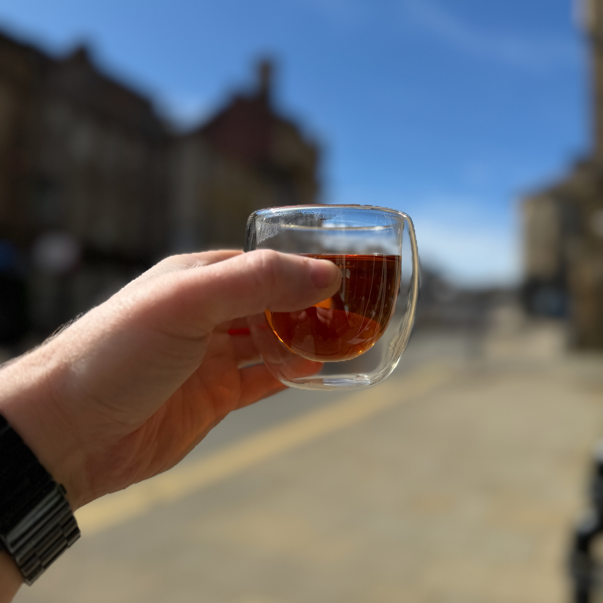 A glass of brewed tea photographed at Porter Hill in Huddersfield