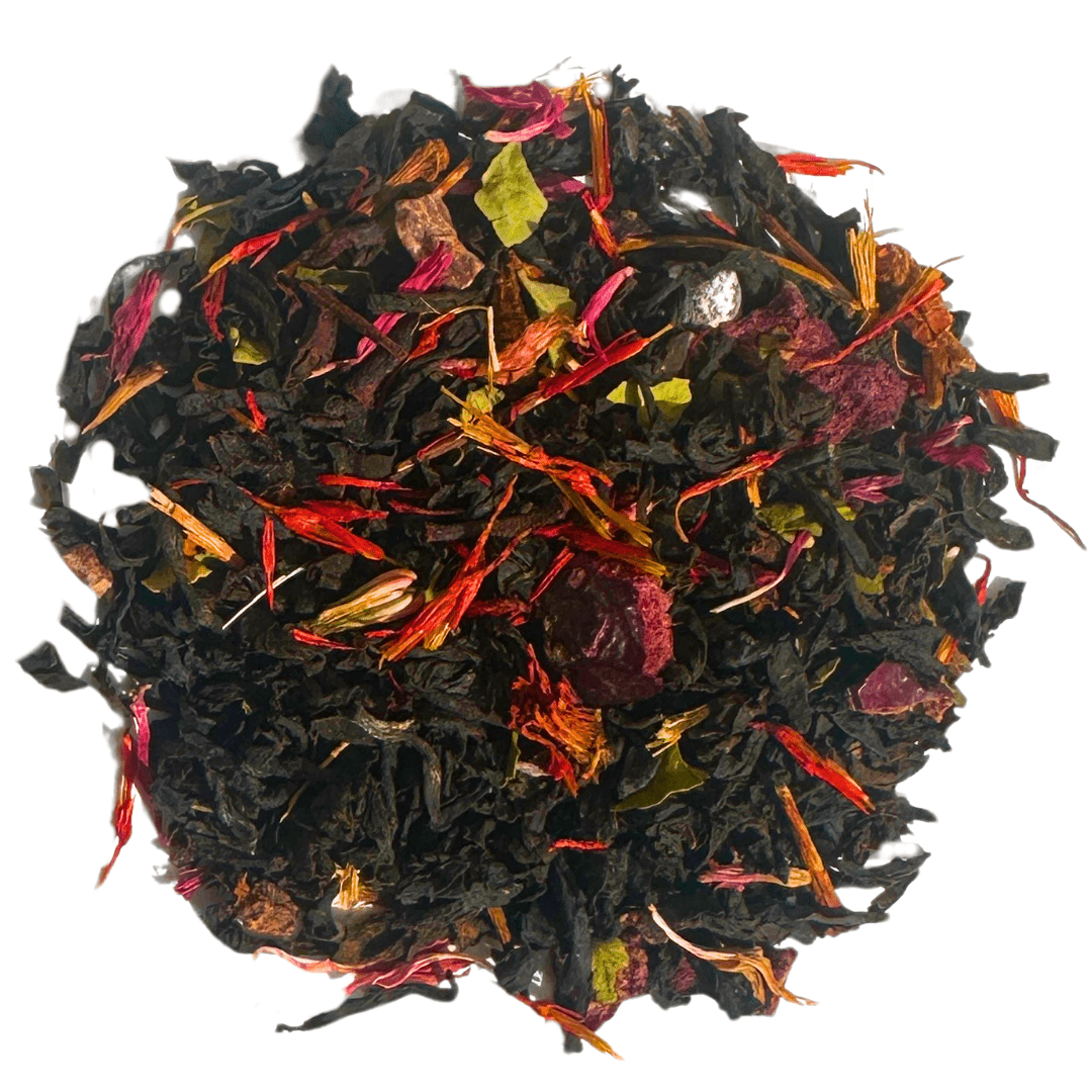 Mound of Black Forest Gateaux loose black tea with cocoa-coloured pieces, red fruit and petals