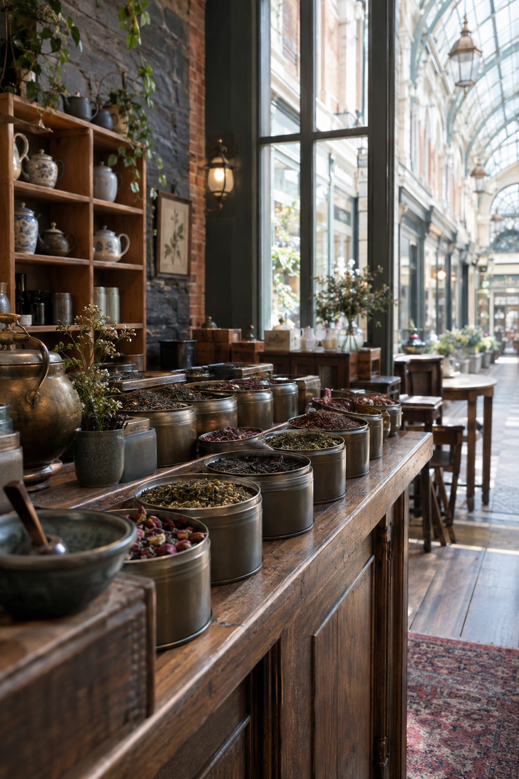 Loose leaf tea tins on a wooden counter inside a Victorian arcade tea shop in Huddersfield