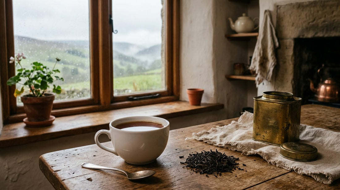 Cup of deep amber Assam tea with loose black tea leaves on an oak table