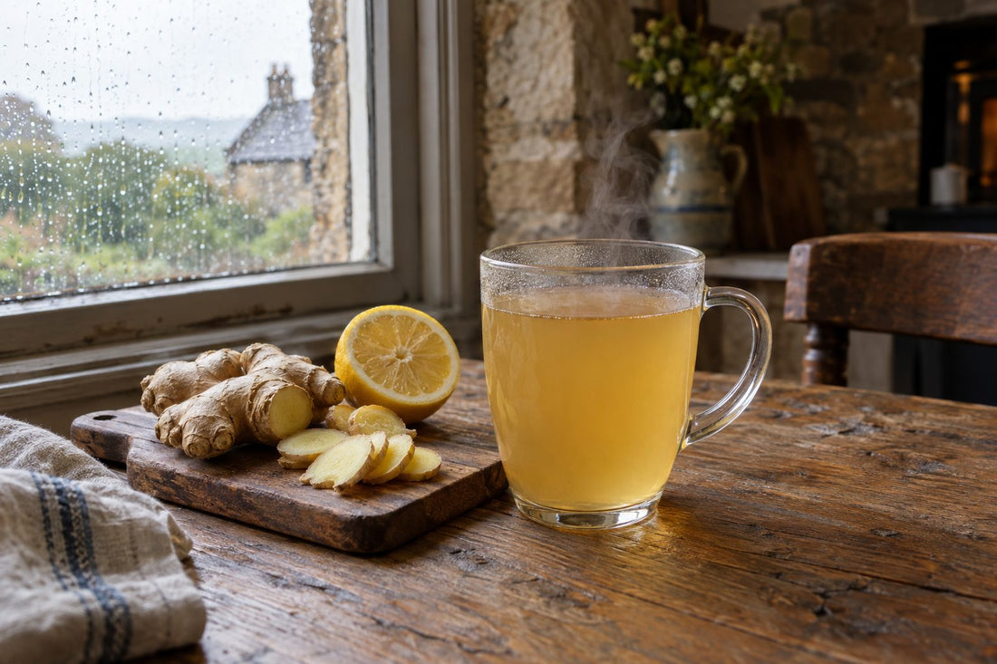 Glass mug of fresh ginger tea with sliced ginger root and lemon on an oak table