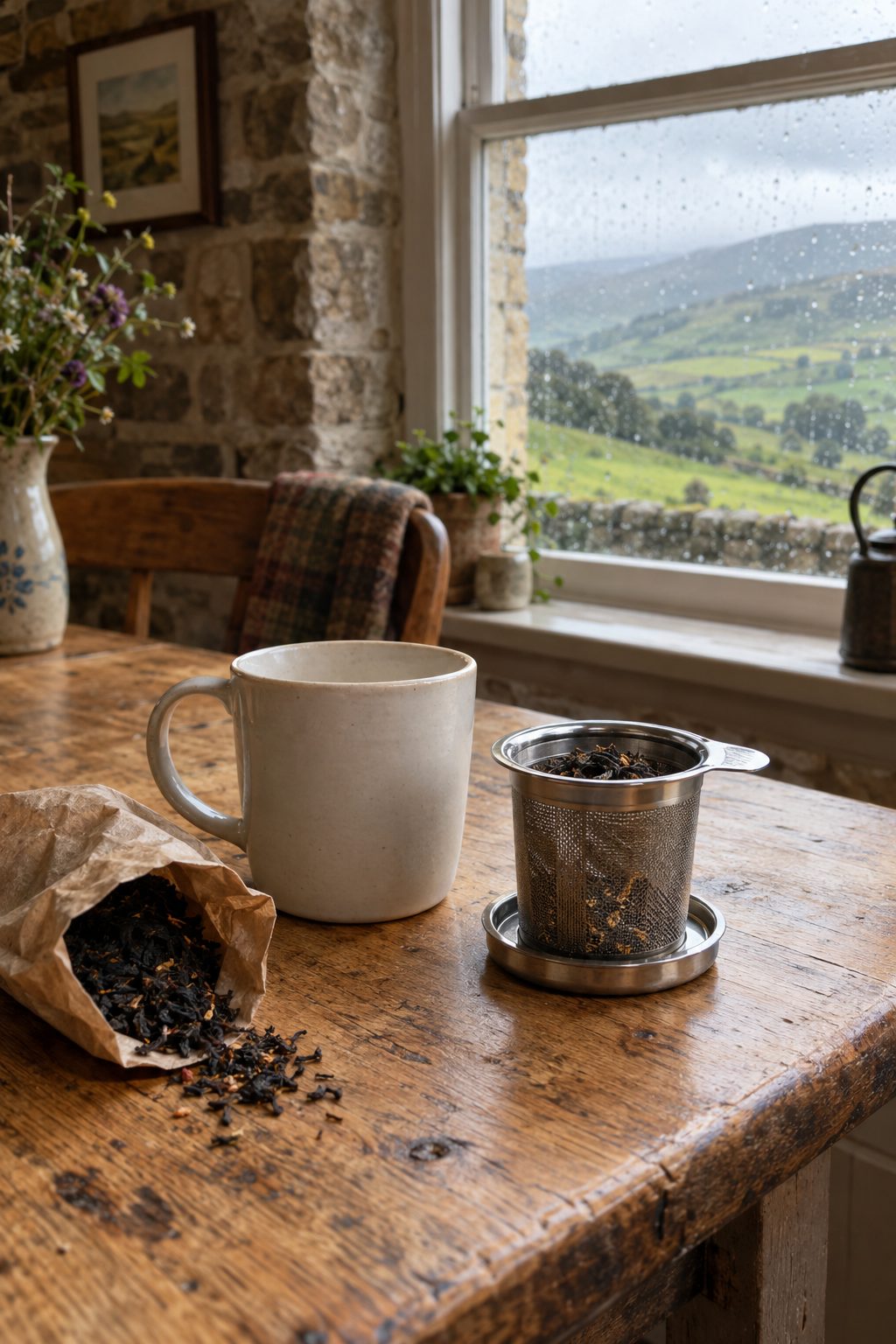 Loose leaf tea in a basket infuser beside a ceramic mug on an oak table with morning light
