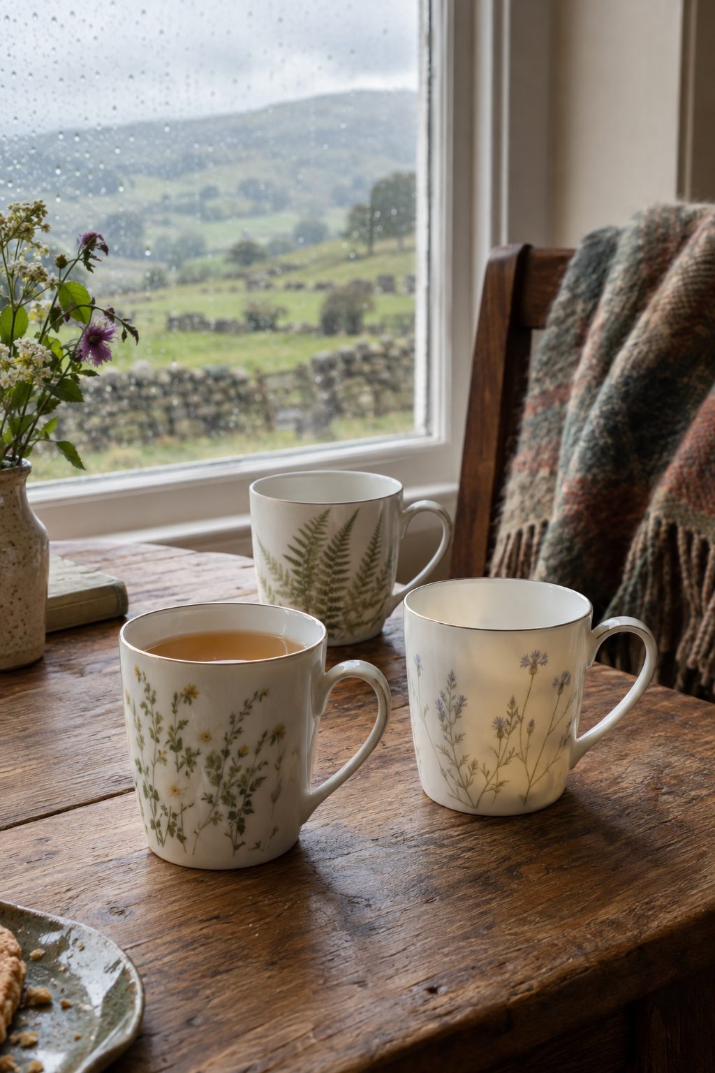 Fine bone china mugs with tea on an oak table in soft natural daylight