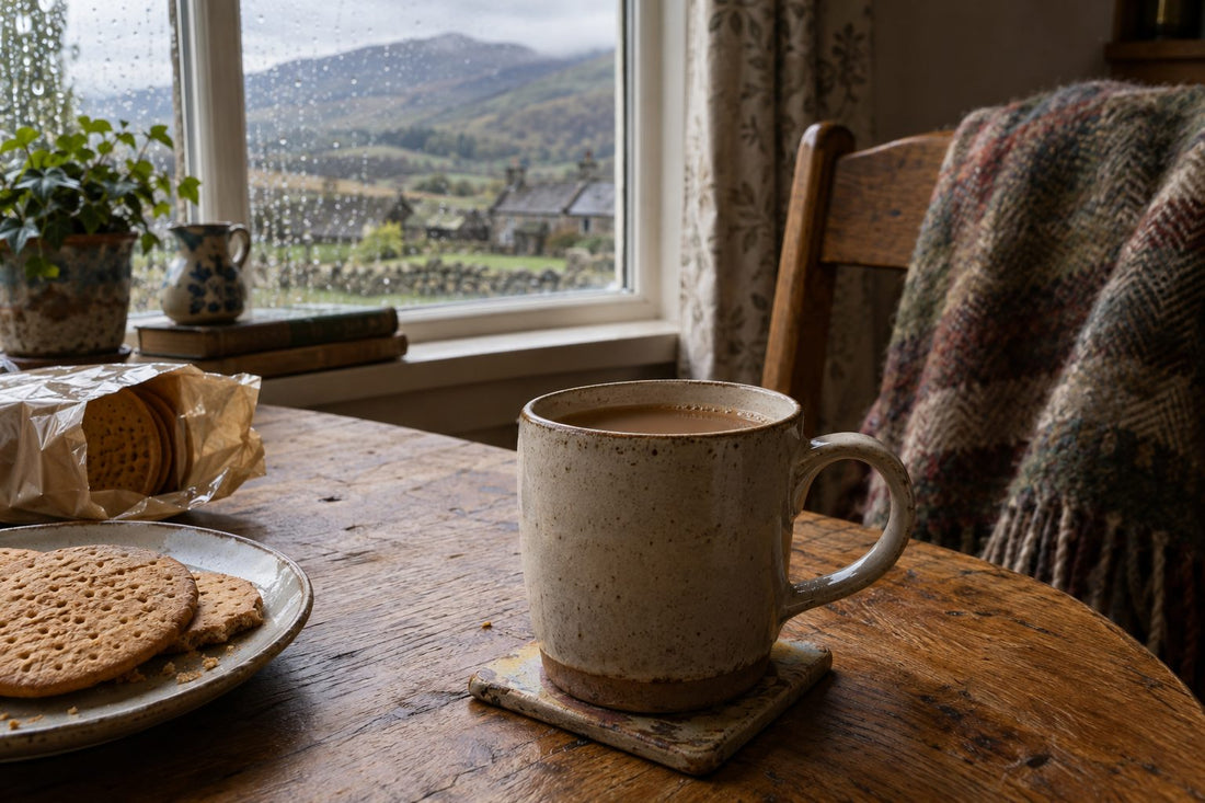 A mug of strong builders tea with milk on an oak table by a rainy window