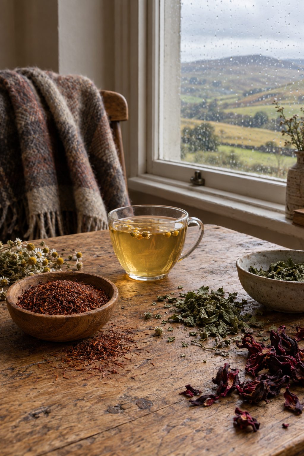 Selection of caffeine free teas including rooibos chamomile and hibiscus on oak table with natural light