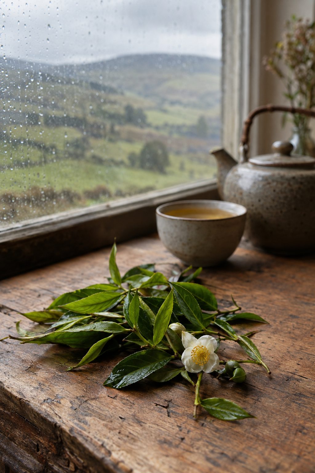 Fresh Camellia sinensis tea leaves and white flower on an oak table with natural light