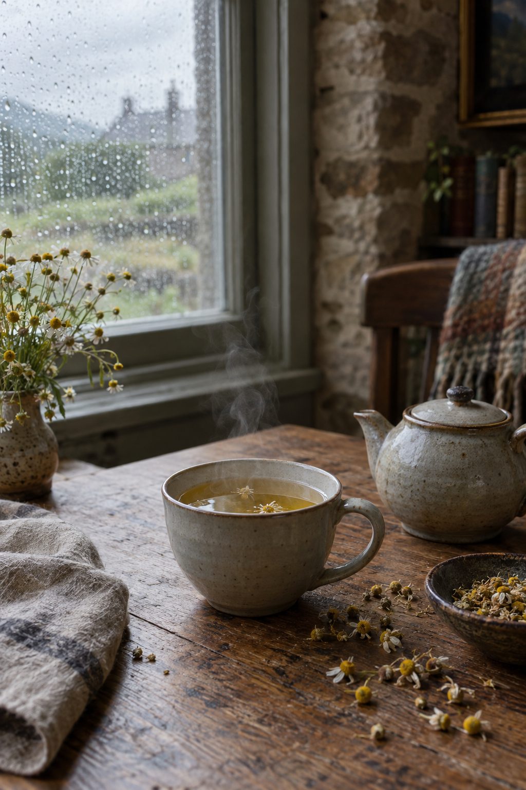 Cup of chamomile herbal tea for anxiety on an oak table beside a rainy window
