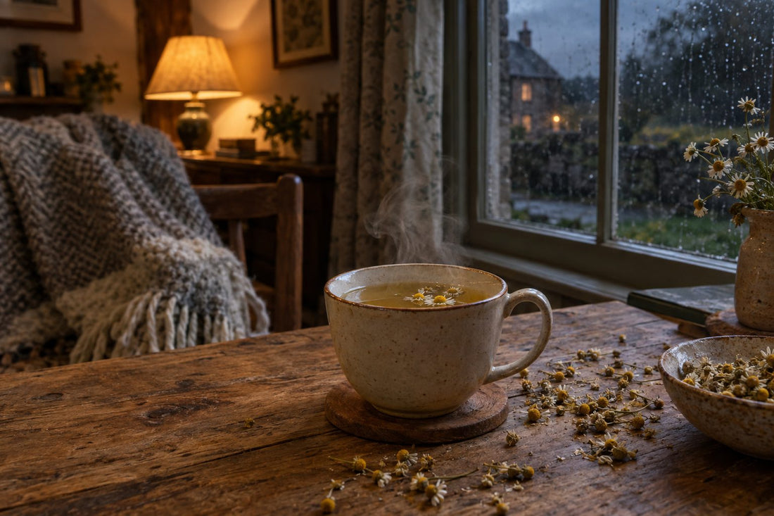 Golden chamomile tea for sleep in a ceramic cup on an oak table by a rainy window