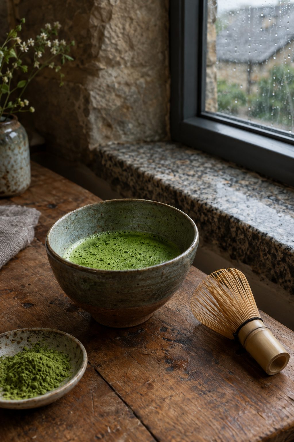 Freshly whisked ceremonial grade matcha in a ceramic bowl on an oak table with bamboo whisk
