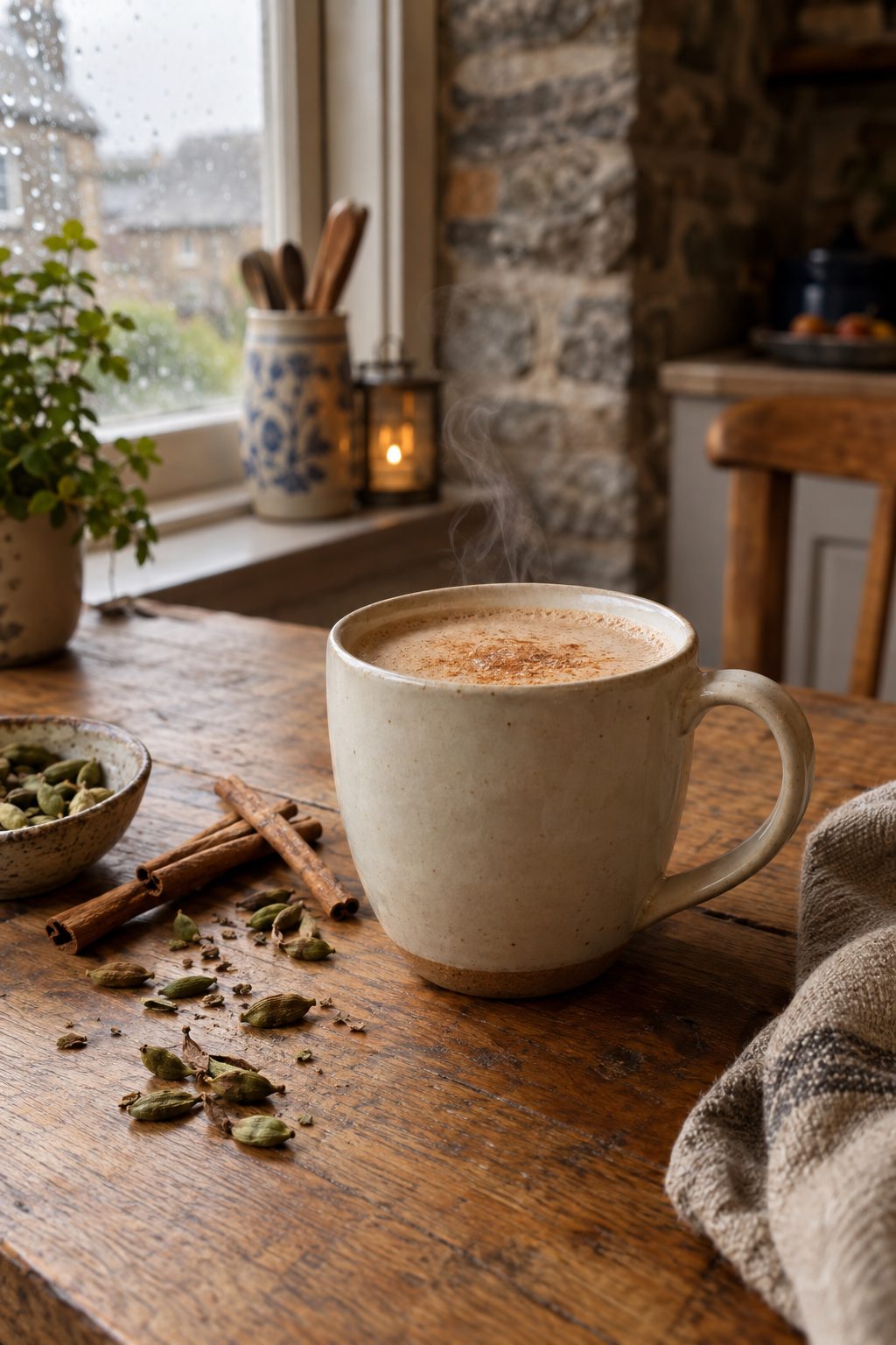 A steaming chai latte in a ceramic mug with cinnamon sticks and cardamom pods on an oak table