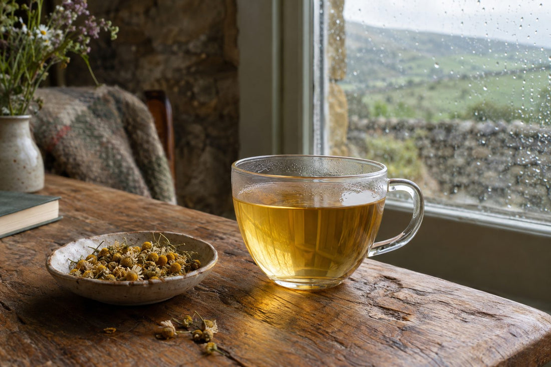 Glass cup of golden chamomile tea with dried chamomile flowers on an oak table