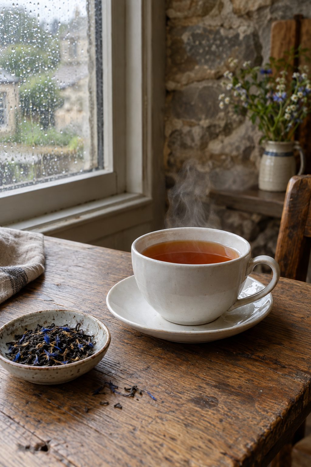 Cup of decaf Earl Grey tea with amber liquor beside loose leaf tea and cornflower petals on an oak table