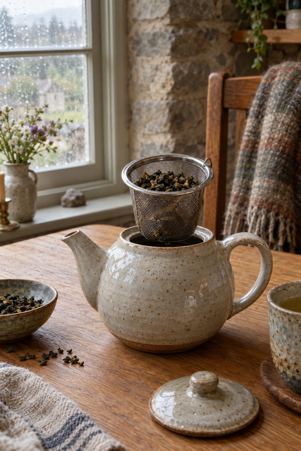 Ceramic teapot for loose leaf tea with lifted infuser basket on oak table in cottage kitchen