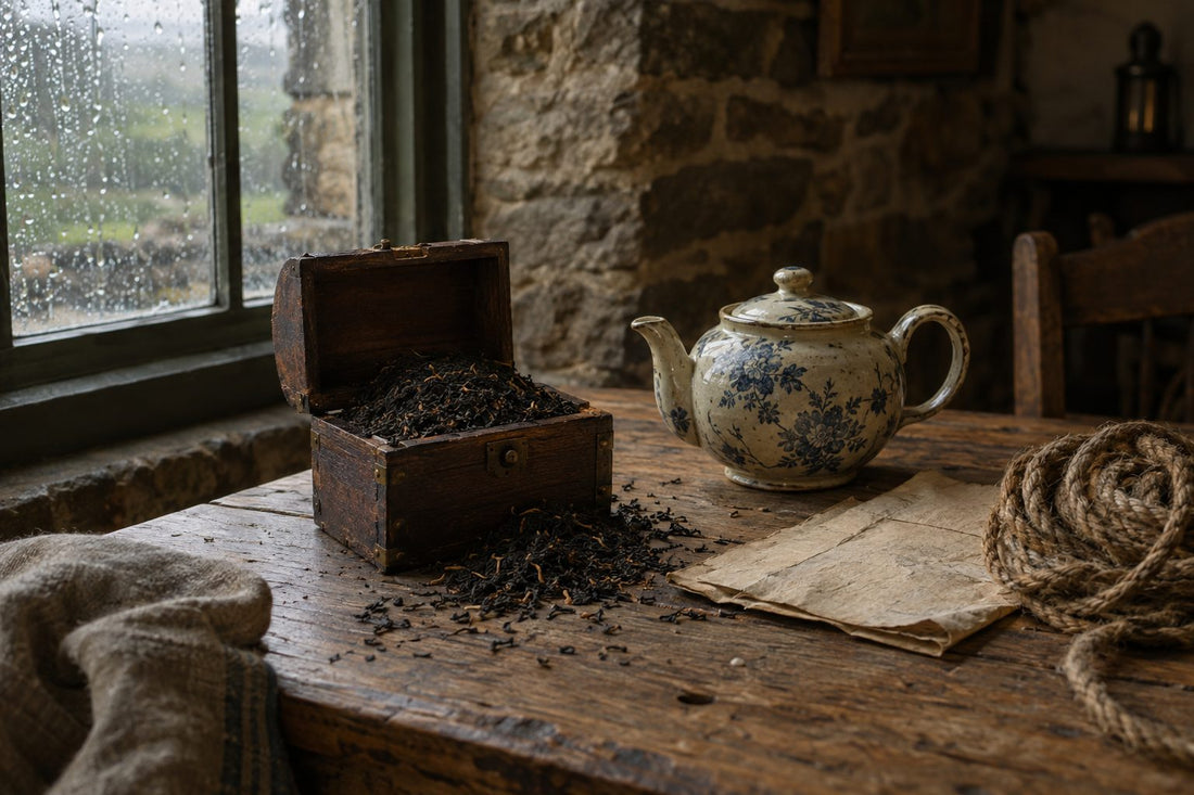 Loose black tea leaves spilling from a wooden chest beside a teapot, evoking tea smuggling history