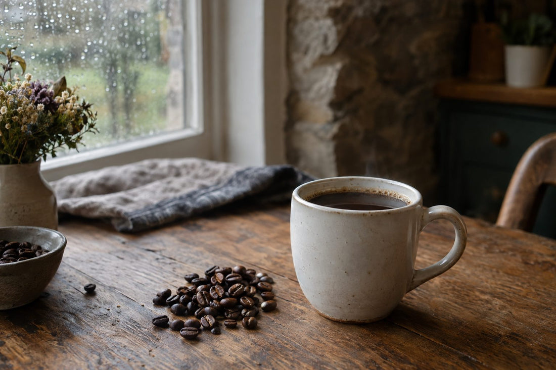 Cup of decaf coffee on an oak table with coffee beans and rainy window light