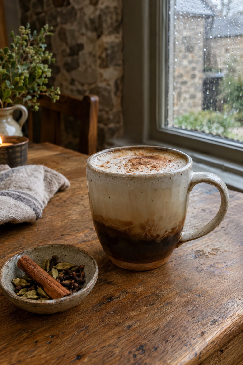 Dirty chai latte in a ceramic cup with whole spices on an oak table