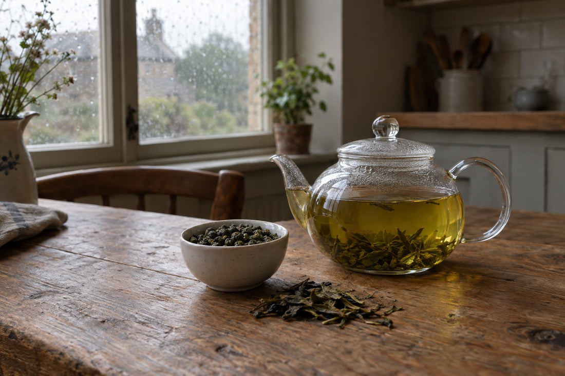 Tightly rolled gunpowder green tea pellets in a ceramic bowl beside a glass teapot of brewed tea