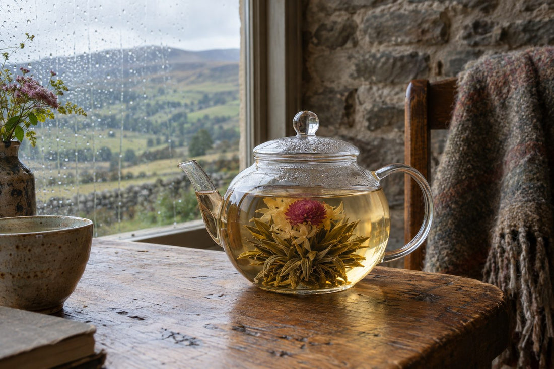 Flowering tea fully bloomed in a clear glass teapot on an oak table by a rainy window