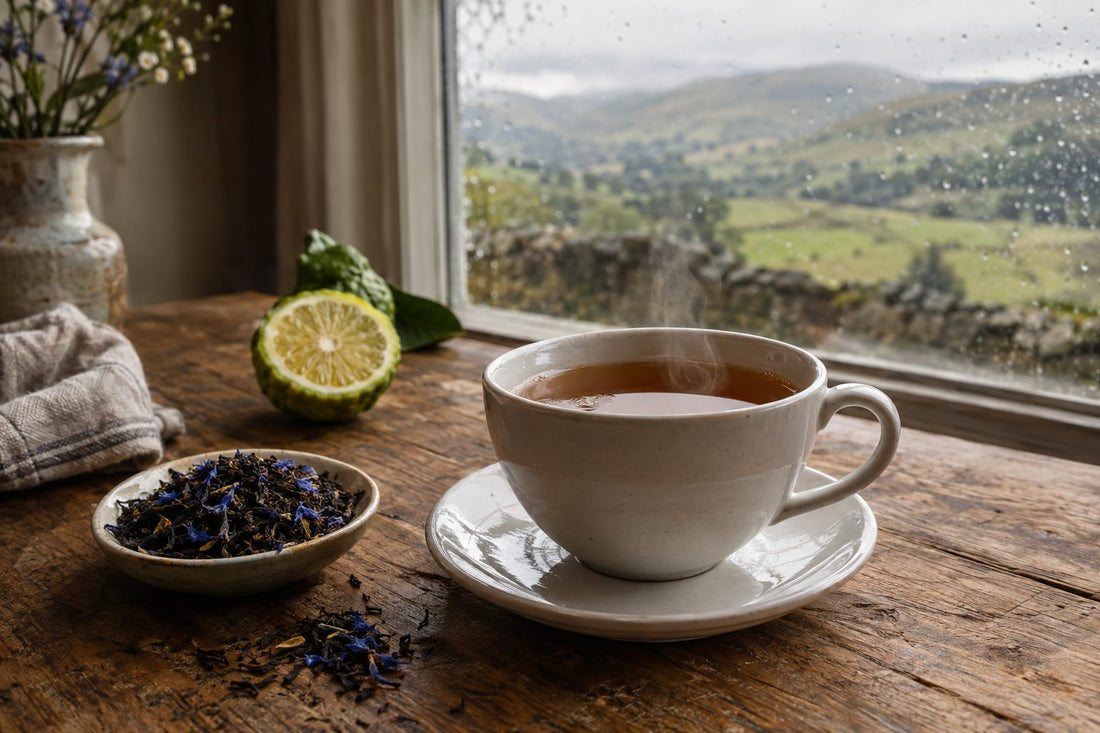 Cup of Earl Grey tea with loose leaves and bergamot orange on an oak table