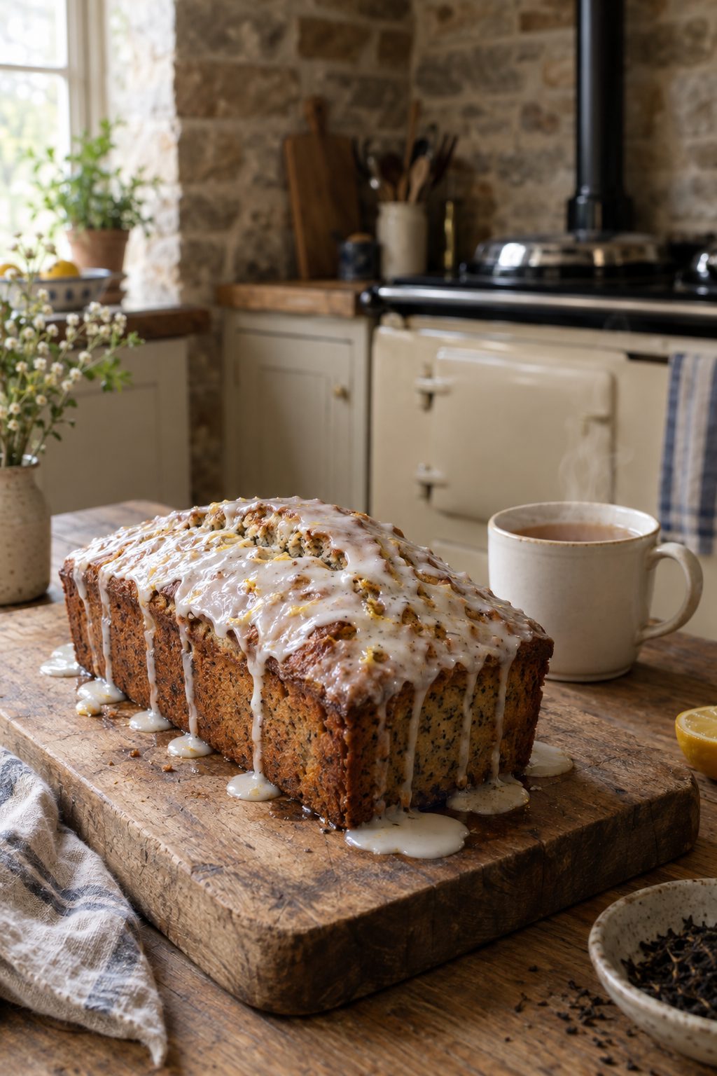 Earl Grey loaf cake with lemon icing drizzle on an oak board in a cosy kitchen