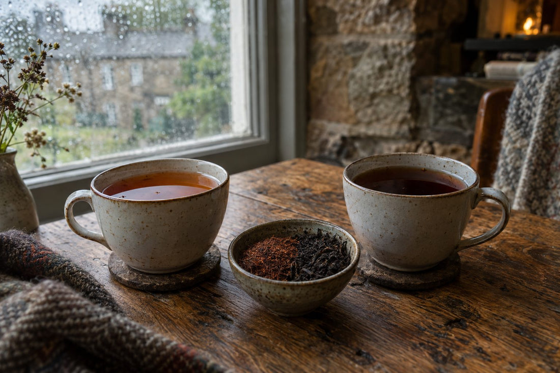 Two cups of caffeine free Earl Grey tea, rooibos and decaf, on an oak table by a rainy window