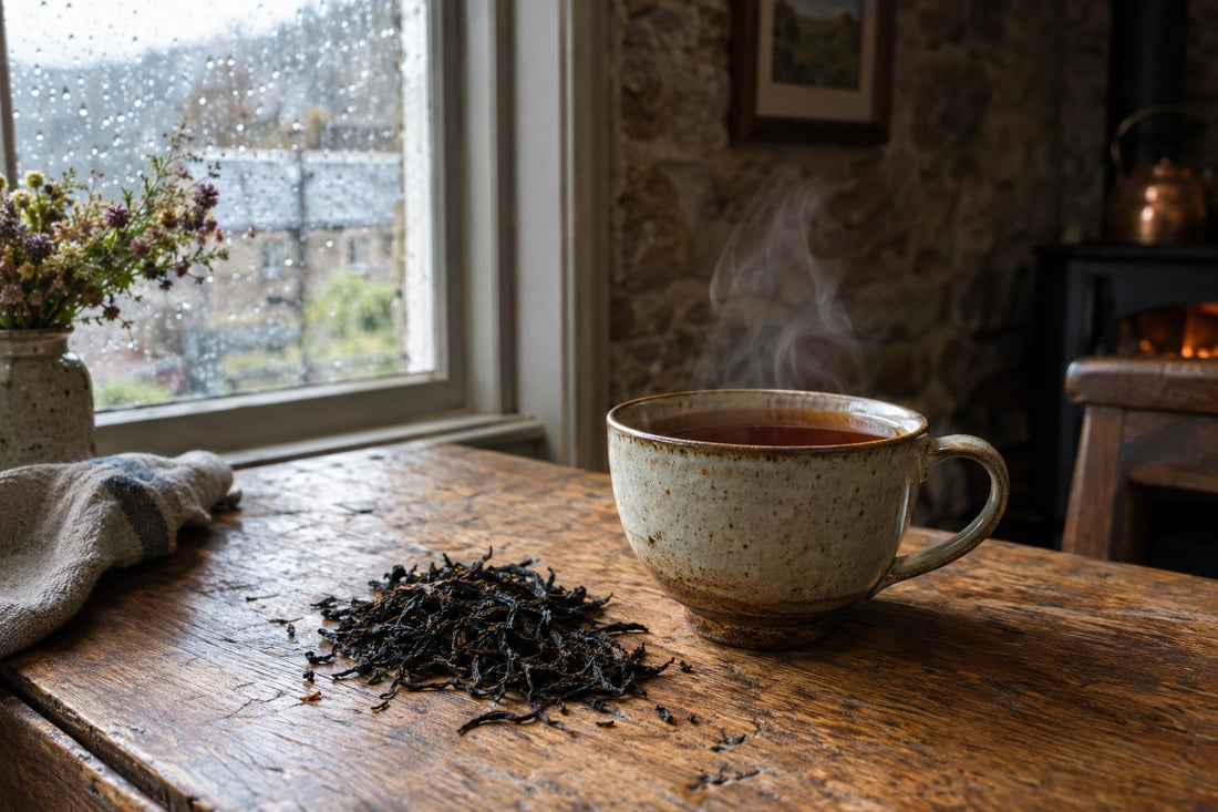 Cup of lapsang souchong tea with dark twisted leaves on an oak table in soft window light