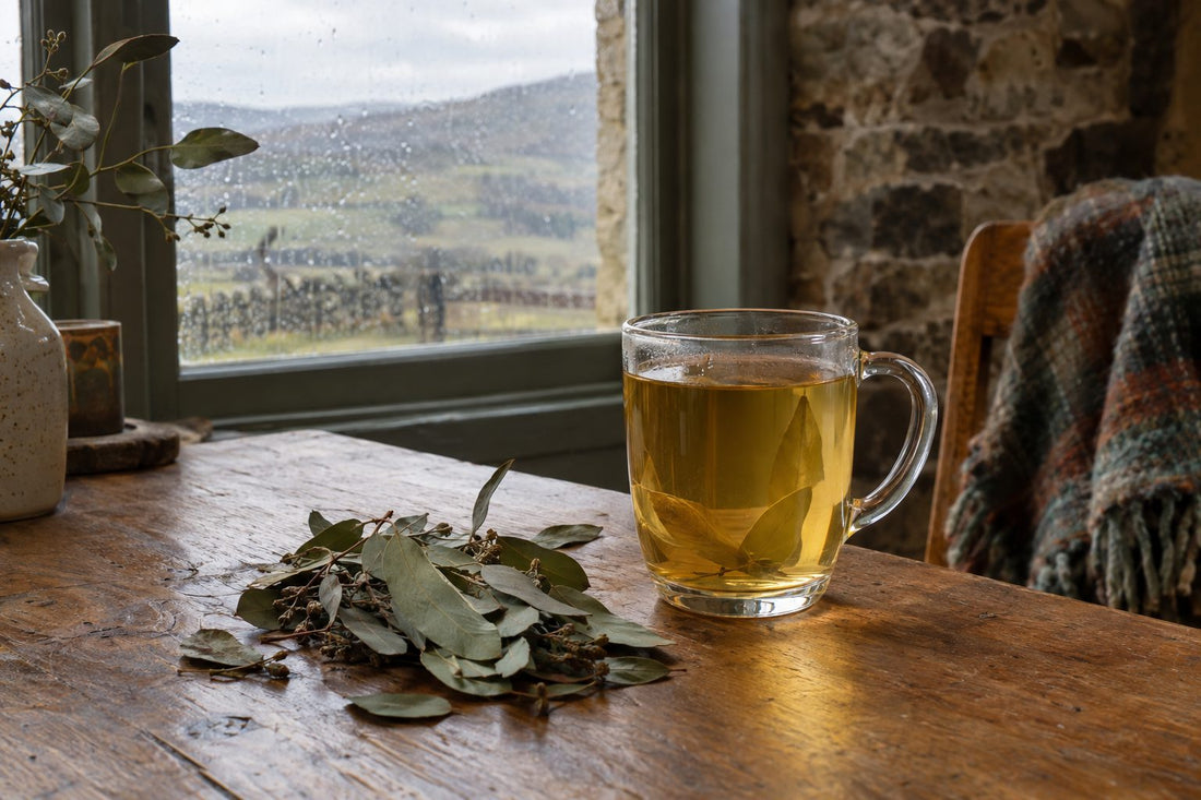 Glass mug of pale gold eucalyptus tea with dried eucalyptus leaves on an oak table