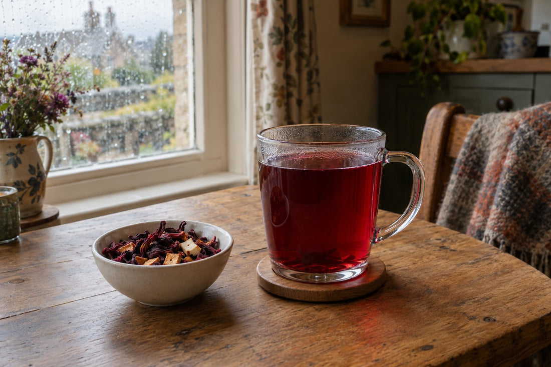 Glass mug of ruby red fruit tea with dried hibiscus and apple pieces on oak table
