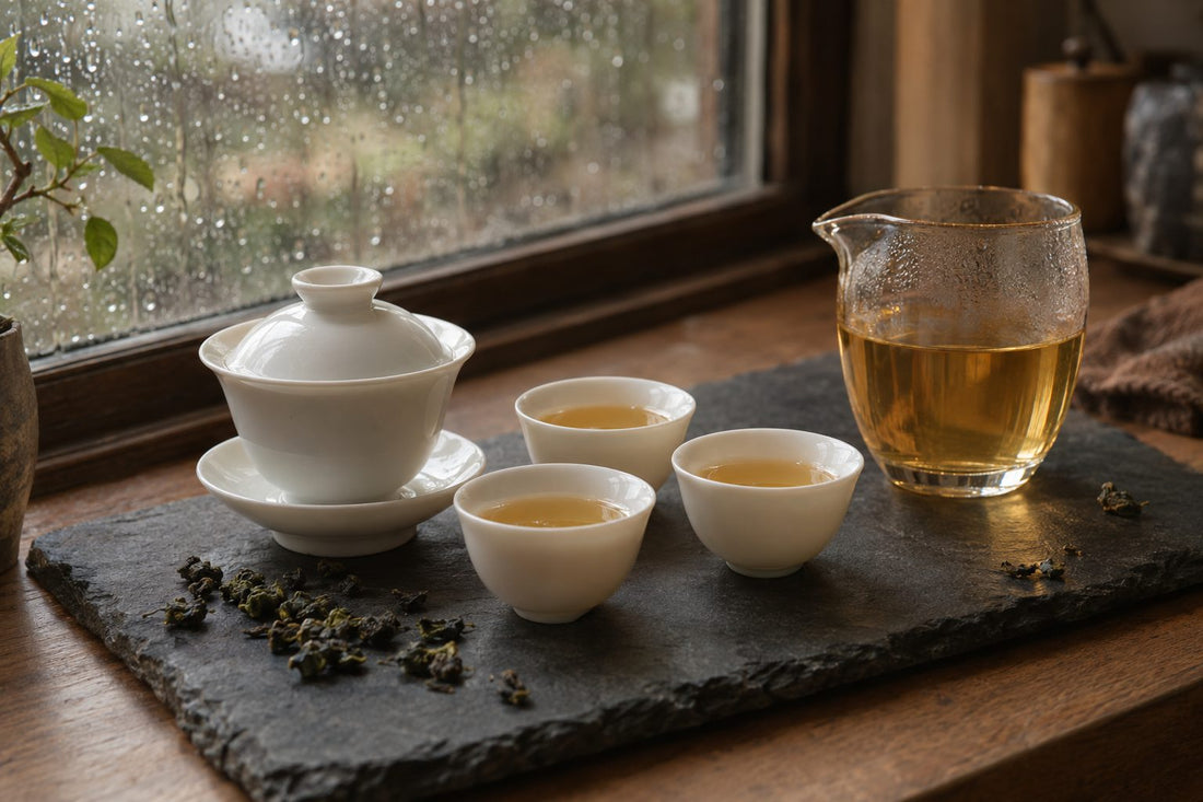 Gaiwan and small cups with golden oolong tea brewed gongfu style on a slate surface