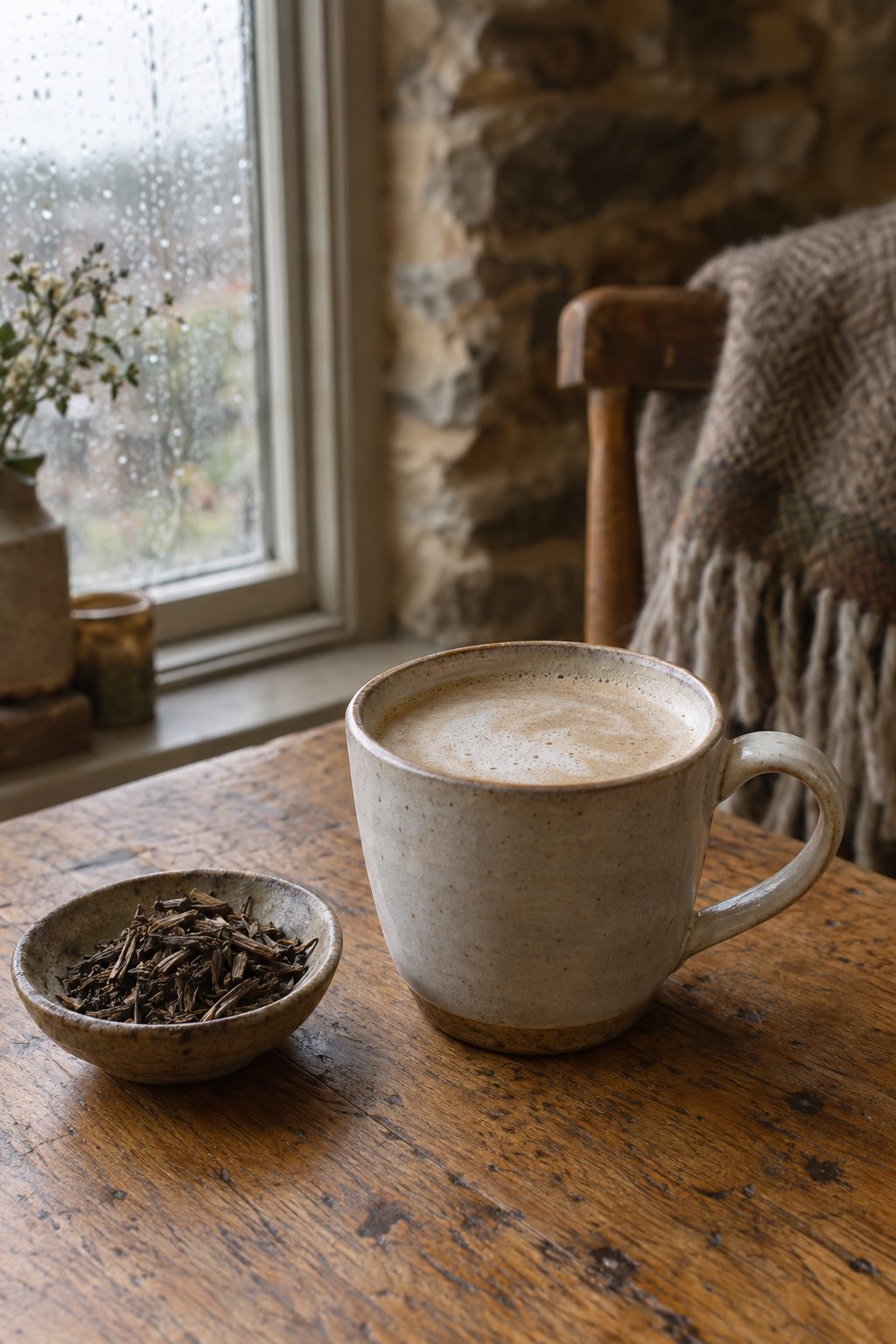 Hojicha latte with milk foam in a ceramic mug beside loose hojicha tea leaves on an oak table