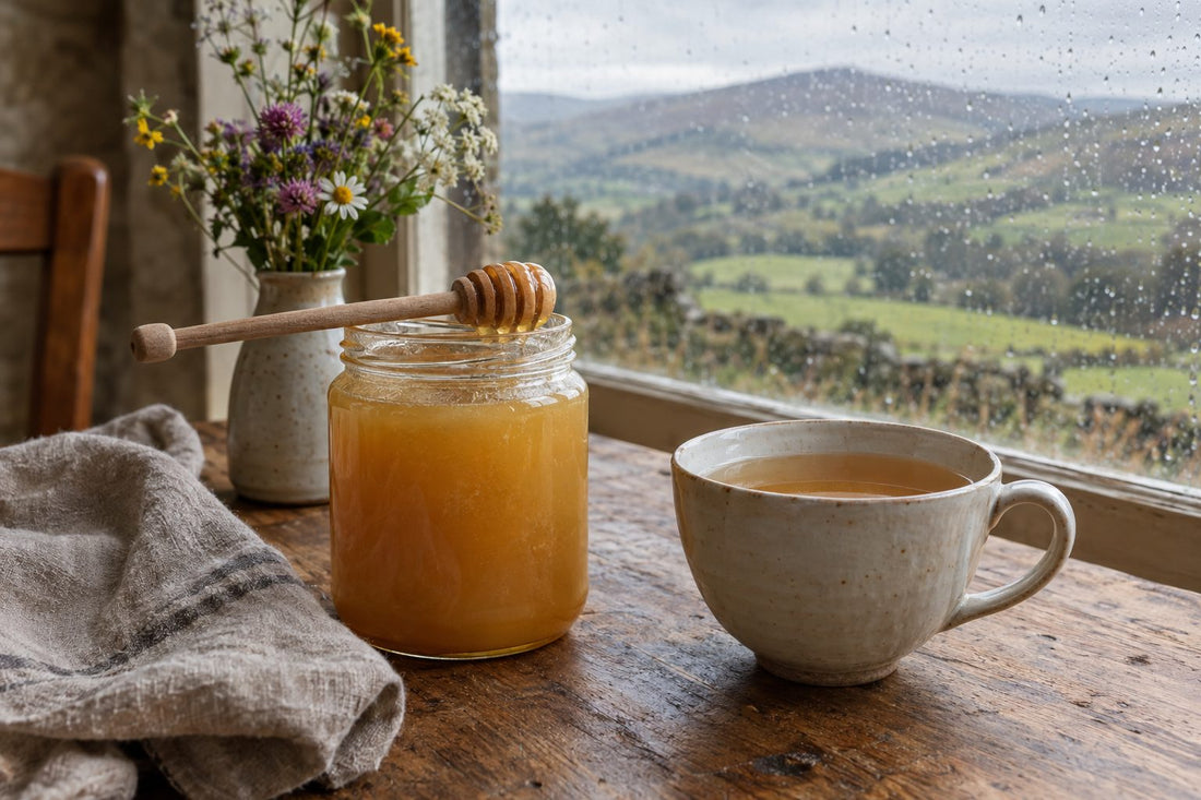 Jar of raw honey with wooden dipper beside a cup of tea on an oak table