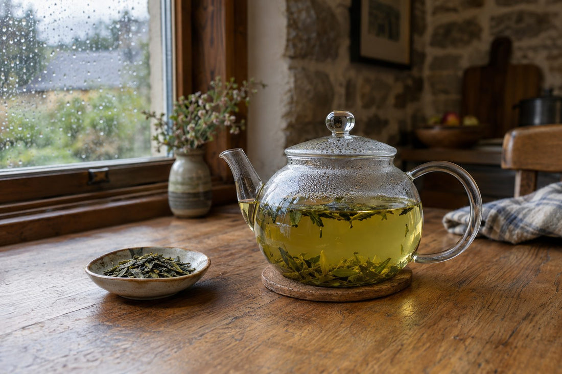 Decaffeinated green tea steeping in a glass teapot showing how tea is decaffeinated